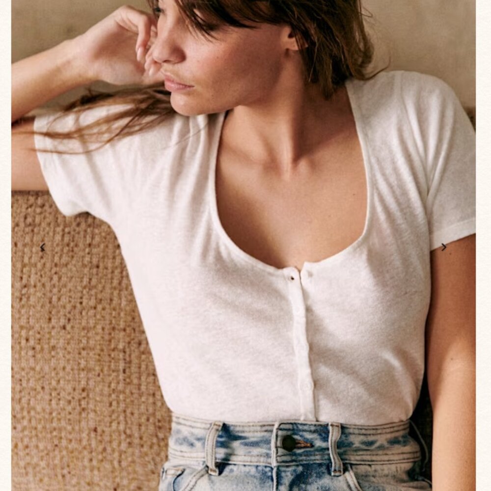 Sezane Milo Scoopneck Cotton and Linen TShirt - White/Ecru, size XS
